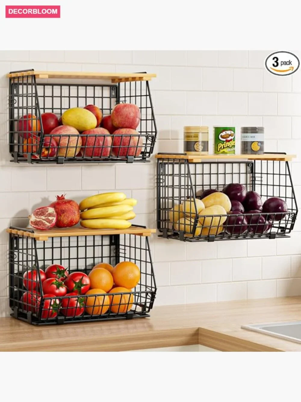 Wire Fruit Basket Set for Kitchen Storage - Hanging & Counter Vegetable Produce